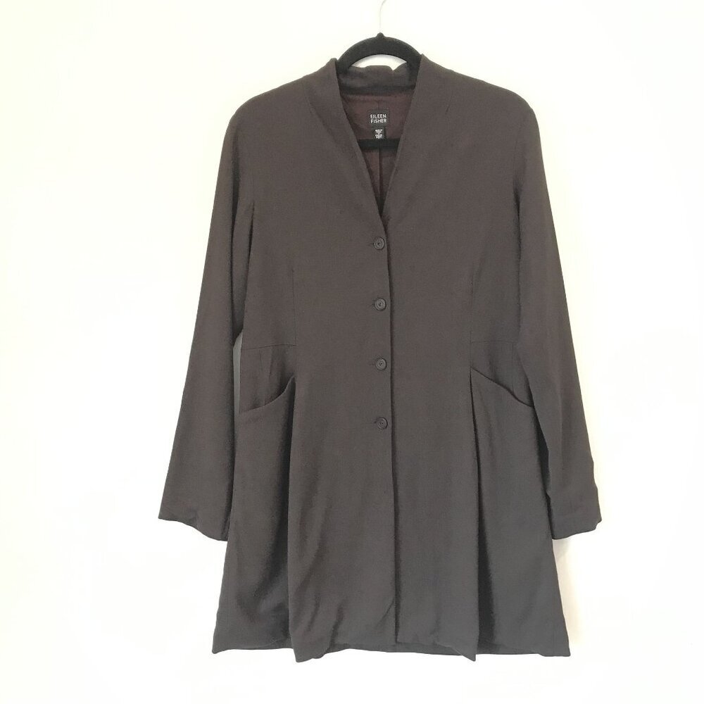 Eileen Fisher Size S Brown Italian Fabric Wool Button-Front Long Blazer Jacket